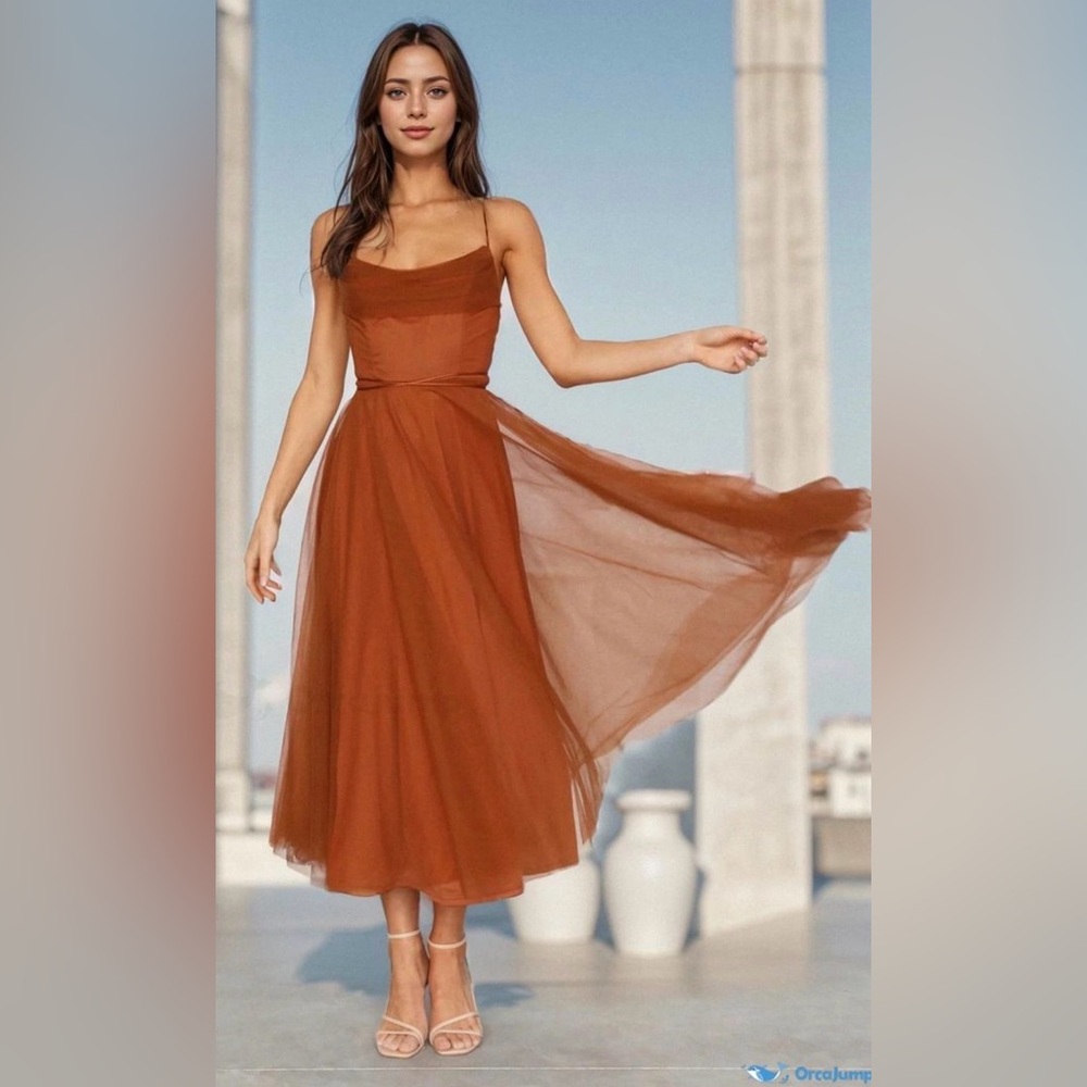 RIHOAS filmy etherial Caramel Colored Midi Dress size small